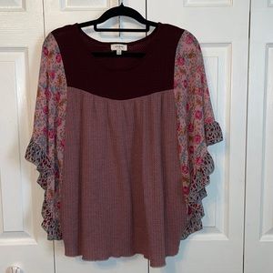 Umgee mixed materials batwing boho style blouse Size S